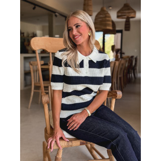 Polo ligné Yolline - Bleu marine/Blanc