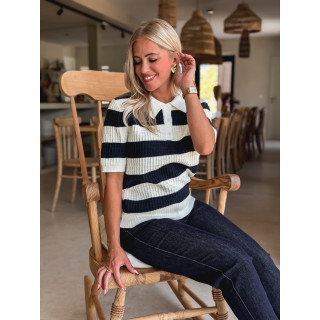 Polo ligné Yolline - Bleu marine/Blanc