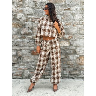 Pantalon à carreaux Edénia - Beige/Camel