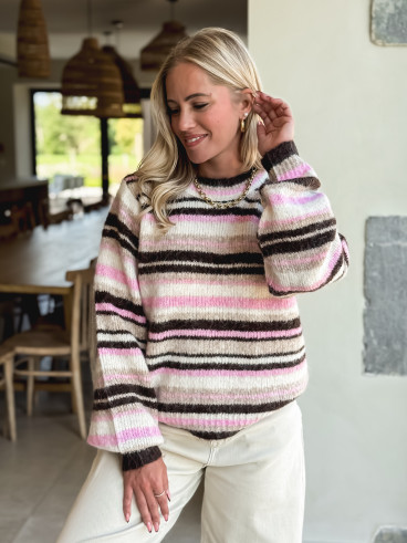 Pull ligné Hilara - Chocolat/Rose