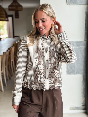 Chemise lignée Zorélie - Taupe/Ecru