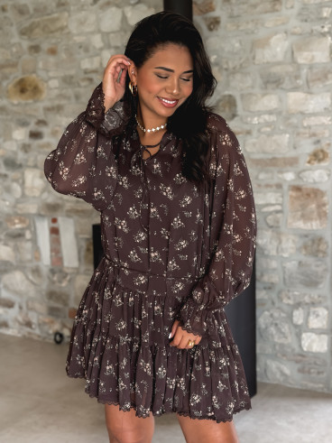 Robe courte à fleurs Ernestine - Chocolat