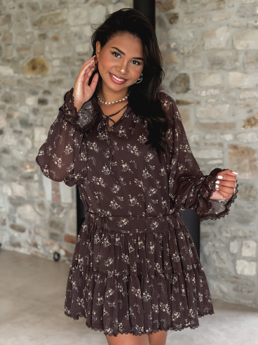 Robe courte à fleurs Ernestine - Chocolat
