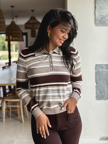 Polo ligné Opal - Taupe/Chocolat