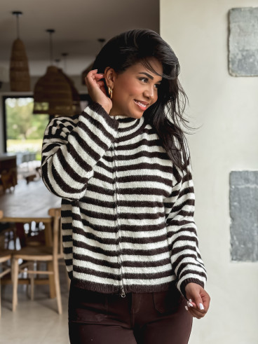 Gilet ligné Isaé - Chocolat/Ecru