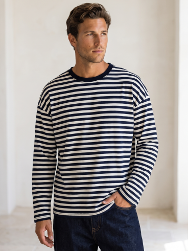 T-shirt manches longues ligné Manéo - Bleu/Ecru