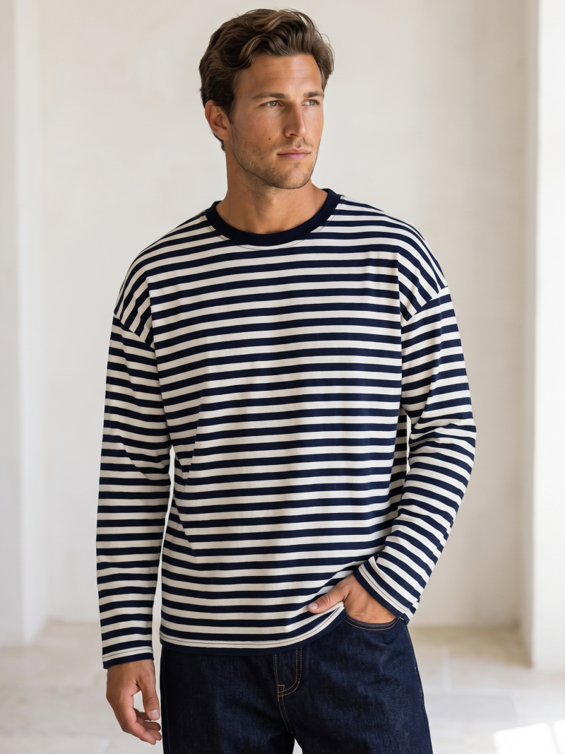 T-shirt manches longues ligné Manéo - Bleu/Ecru
