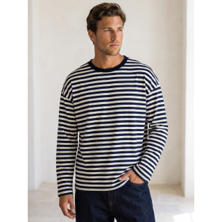 T-shirt manches longues ligné Manéo - Bleu/Ecru