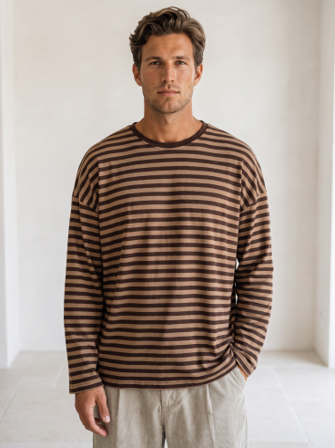 T-shirt manches longues ligné Manéo - Chocolat/Moka