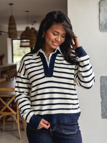 Pull ligné Melrose - Ecru/Bleu marine Pull ligné Melrose - Ecru/Bleu marine