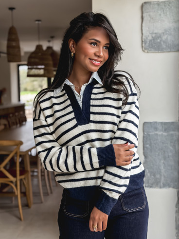 Pull ligné Melrose - Ecru/Bleu marine
